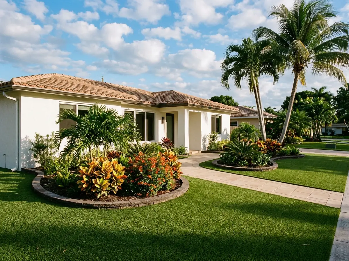 Front yard of a white stucco ranch home with artificial grass curving around two planted beds of crotons, firebush and a sabal palm under a barrel-tile roof