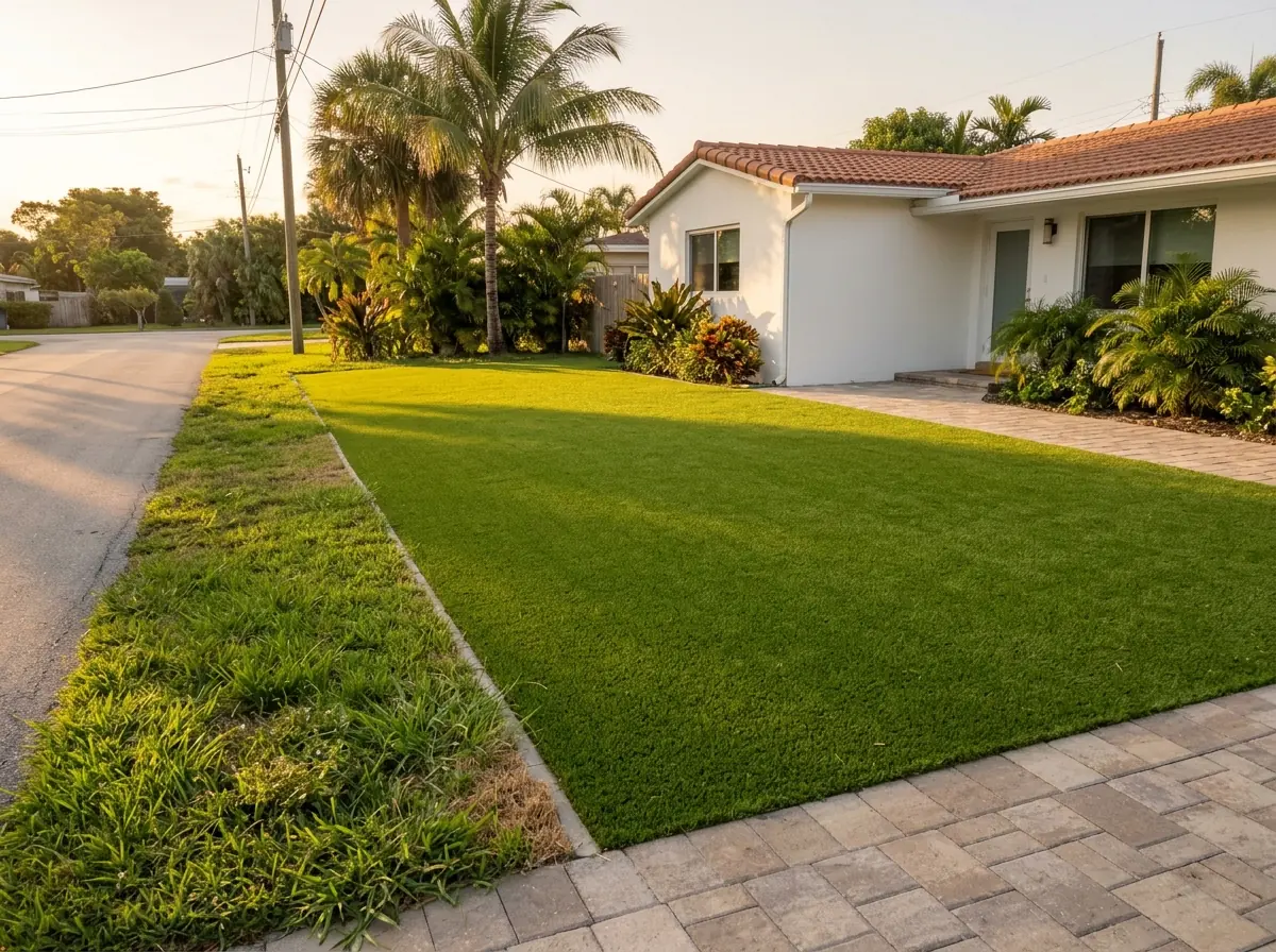 Front yard where artificial grass stops at a straight edge before a shallow grassy roadside swale, a sidewalk and the street beyond, a white stucco house behind