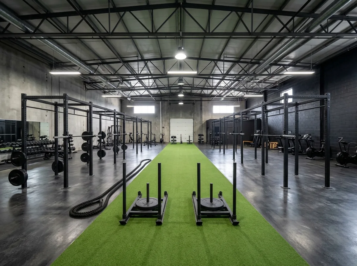 Commercial training gym with a wide turf lane between rows of racks, two push sleds and battle ropes coiled at the side