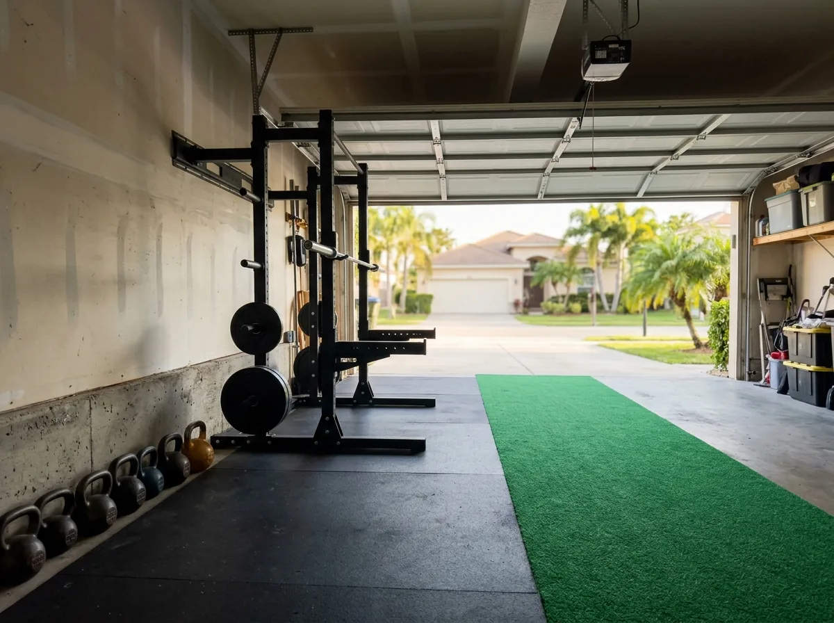 Garage gym with a squat rack on black rubber mats and a green turf lane running from the rack to the open garage door, kettlebells along the wall