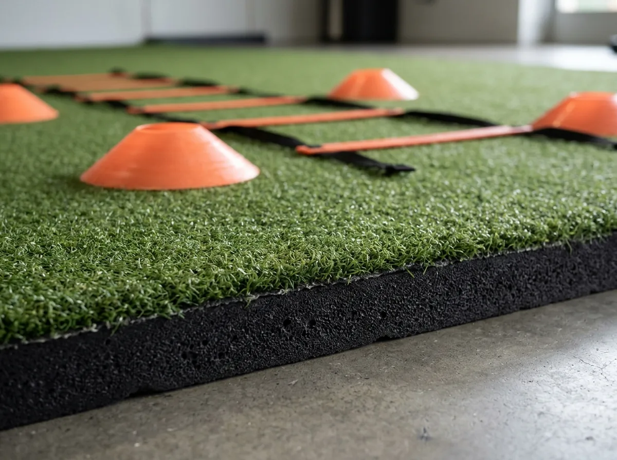 Close view of padded gym turf with the cut edge showing the foam layer under the turf, agility cones and a speed ladder laid on top