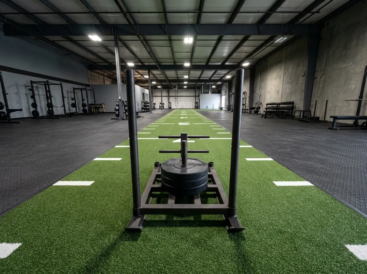 Long strip of short green gym turf with white yard lines down the middle of a training floor, a loaded push sled at one end, black rubber flooring on both sides