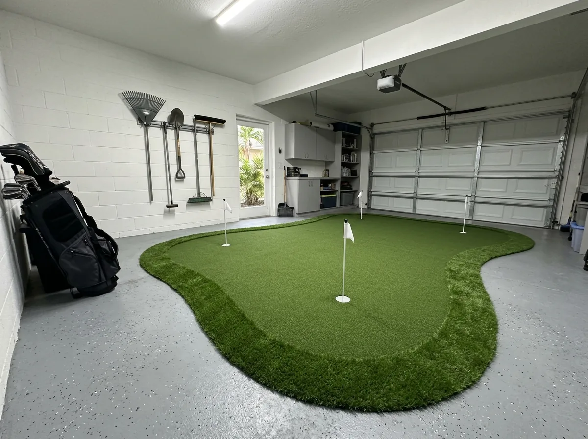 Two-car garage with a putting green of short synthetic turf laid over the concrete floor, two cups with white flags, golf bag against the wall and the garage door closed