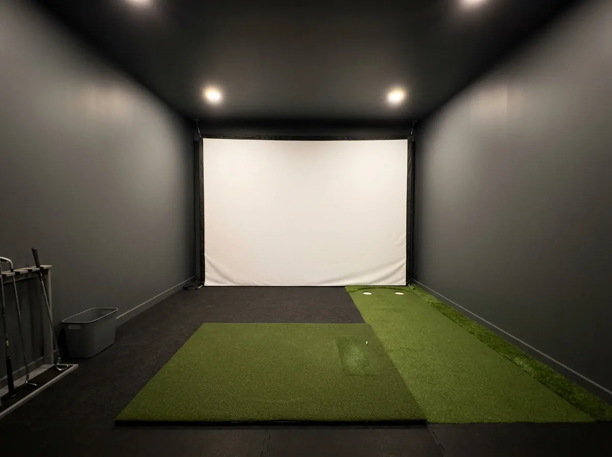 Golf simulator room with an impact screen, a hitting mat and a putting green strip in front of the screen, soft ceiling lights