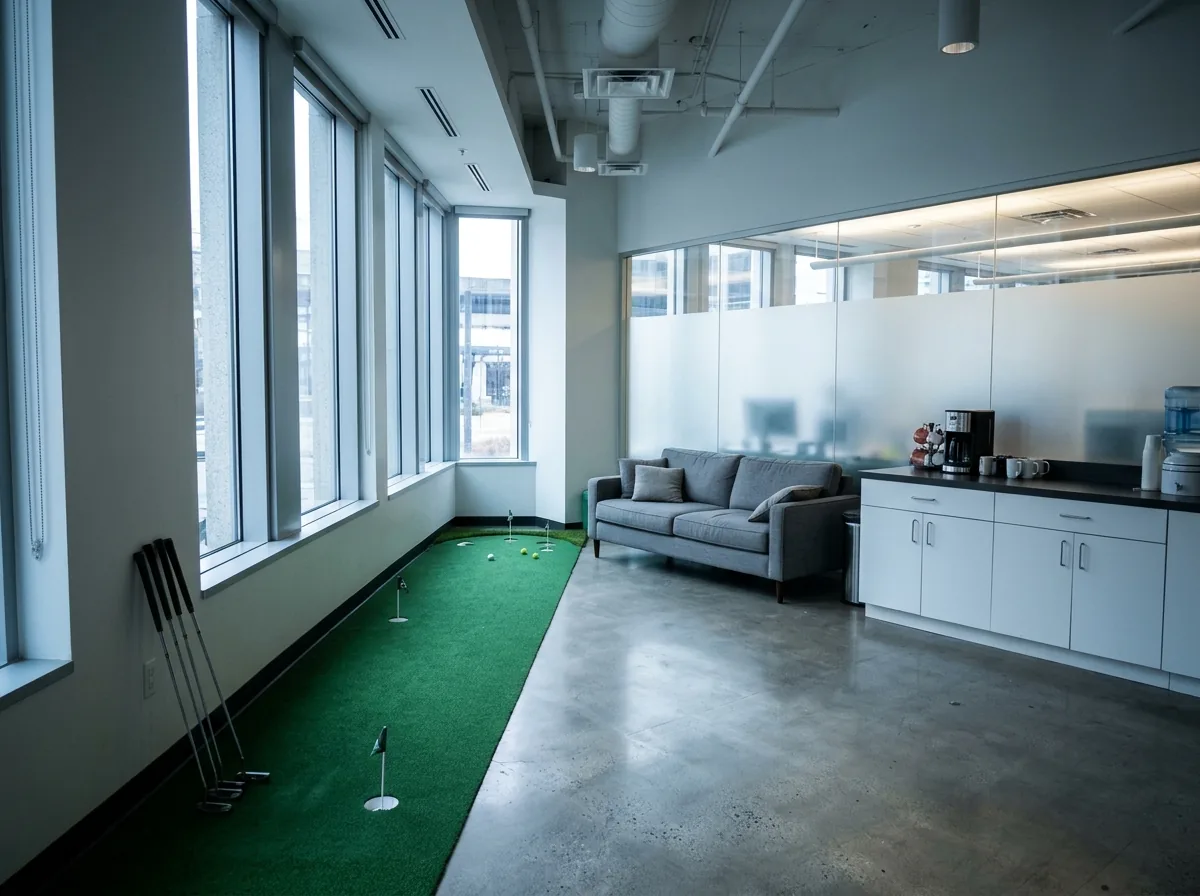 Office break room with a narrow putting green strip along one wall, three cups, a couch and a coffee counter, glass partition behind