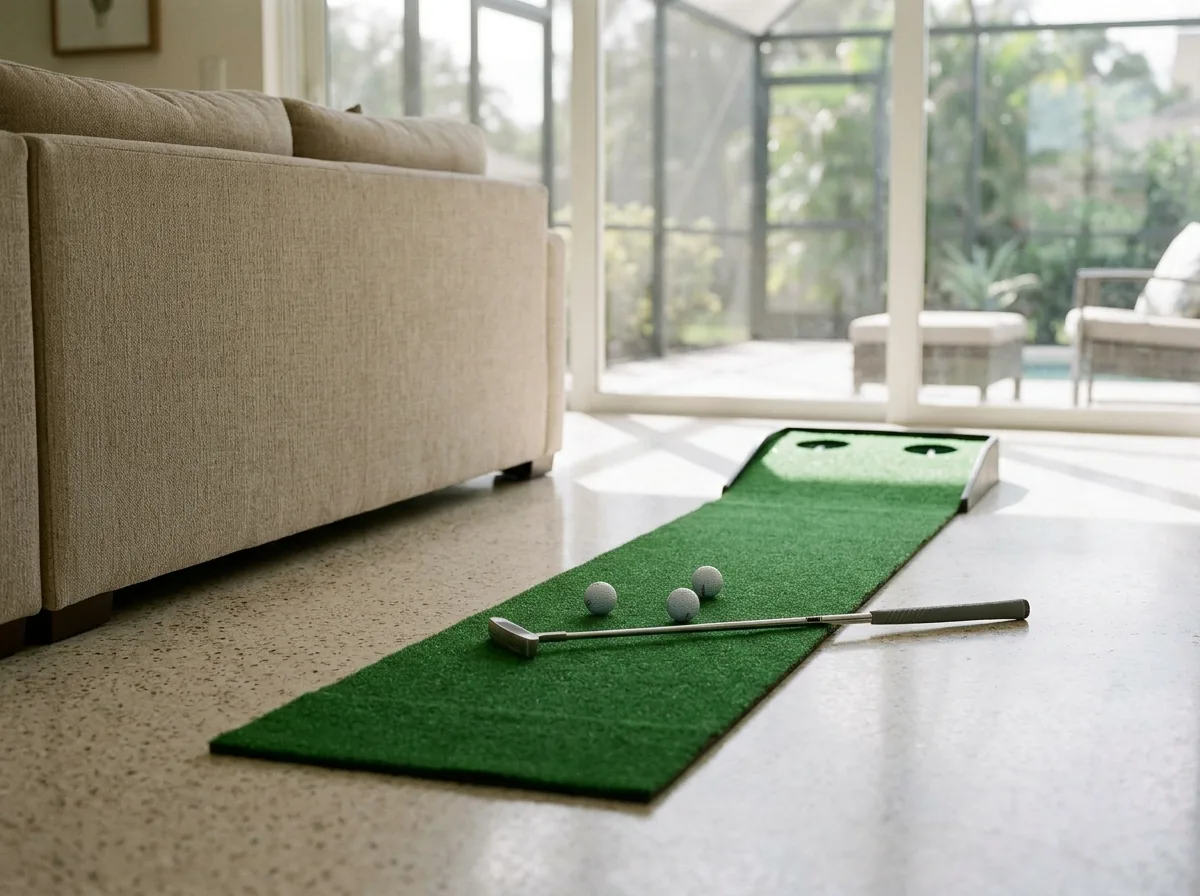 Roll-out putting mat on a living room floor beside a sofa, two cups, a putter and three white golf balls