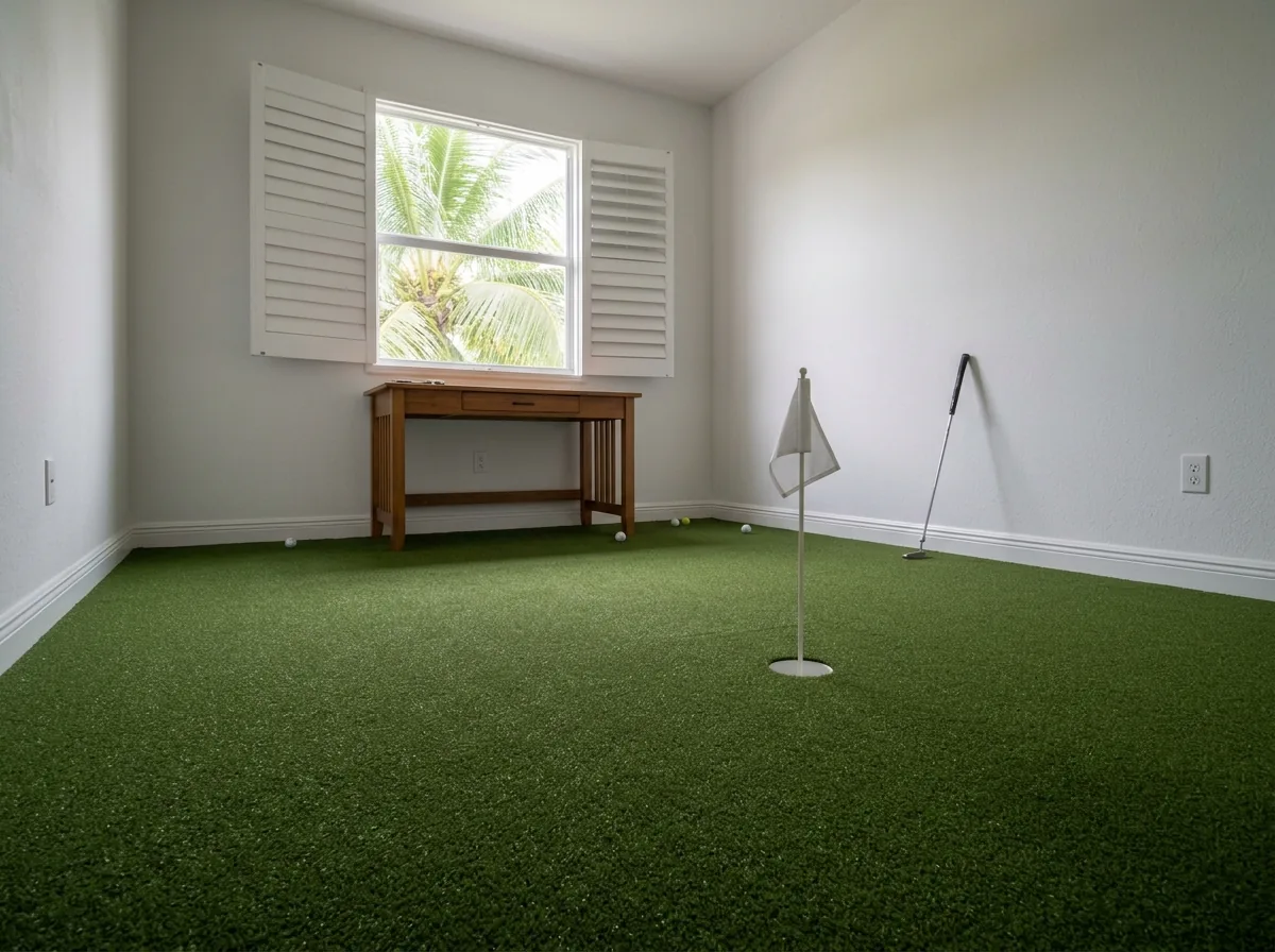 Spare bedroom converted to a putting green with turf wall to wall, a desk by the window and a putter leaning against a white wall