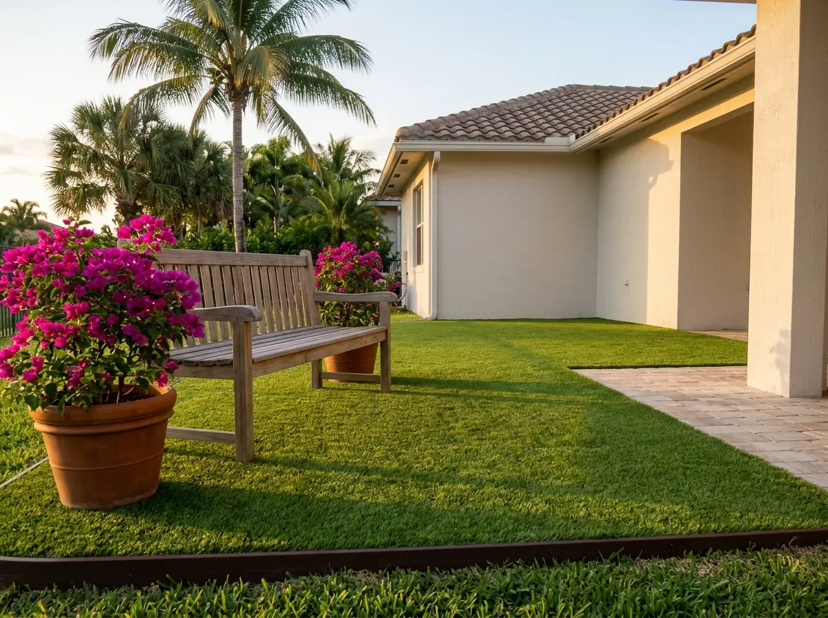 Concrete back patio of a single-story stucco home covered in artificial grass over a foam pad, a teak bench and potted bougainvillea, bender board along the edge