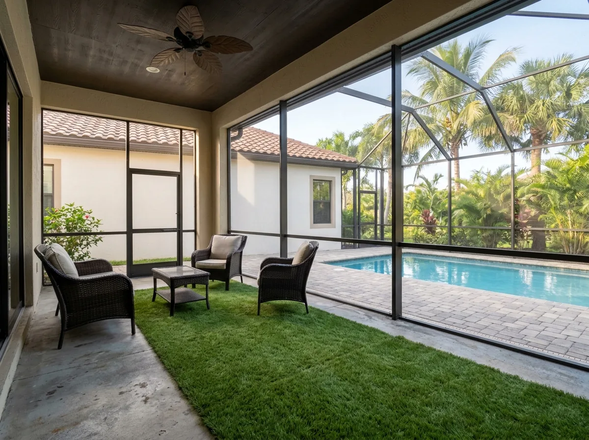Screened lanai with a concrete floor partly covered in artificial grass, wicker chairs and a ceiling fan, a pool visible through the screen