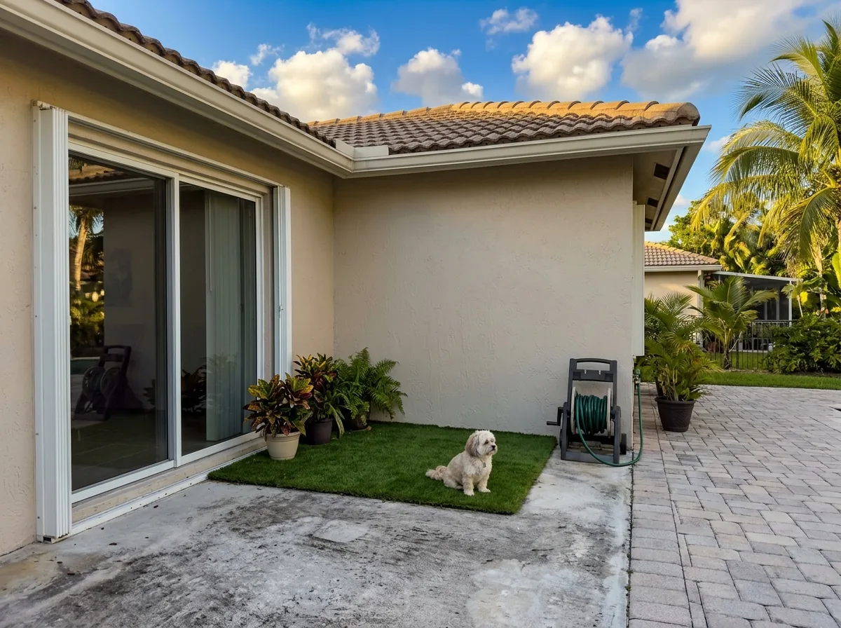 Small rectangle of artificial grass on a concrete patio corner beside a sliding glass door, a small dog sitting on it and a hose reel nearby