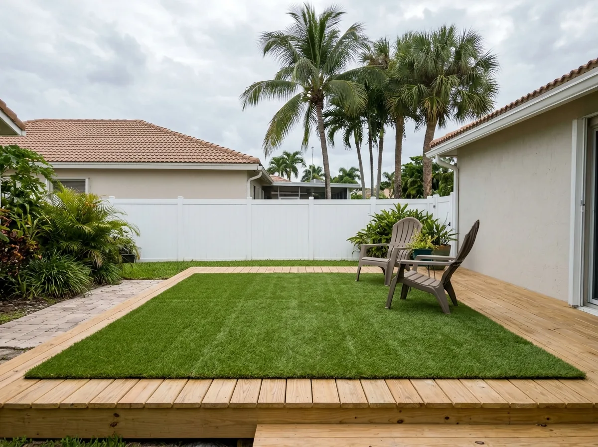 Raised wooden backyard deck with a rectangle of artificial grass laid over the boards, two chairs and a planter, palms and a white fence beyond
