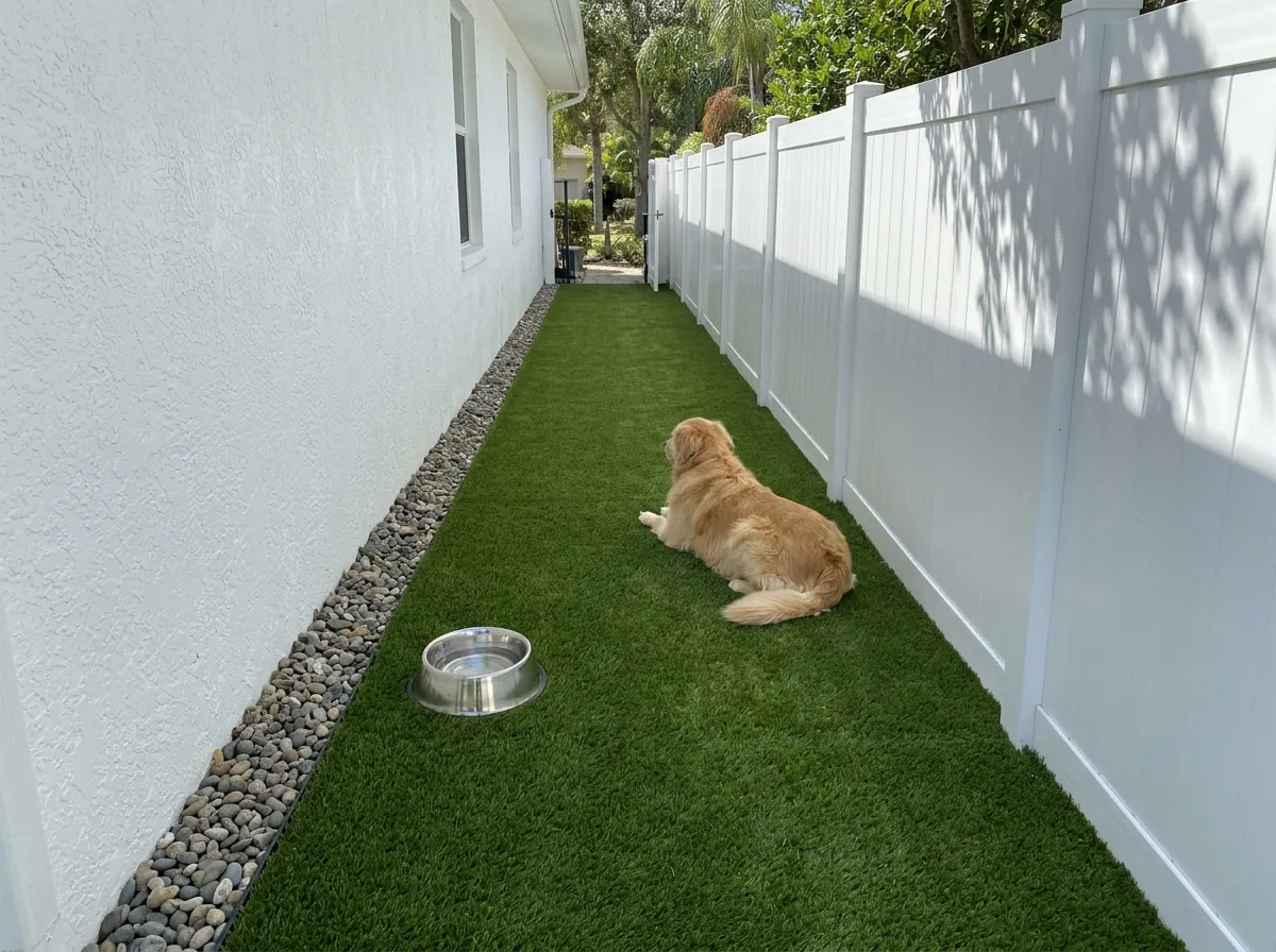 Side-yard dog run of short dense pet turf between a stucco wall and a white vinyl fence, a golden retriever lying on it and a steel water bowl