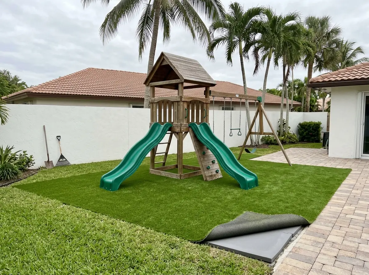 Backyard wooden play tower with a green slide and two swings over artificial grass laid on a foam pad, the turf edge lifted at one corner to show the pad, a white stucco wall behind