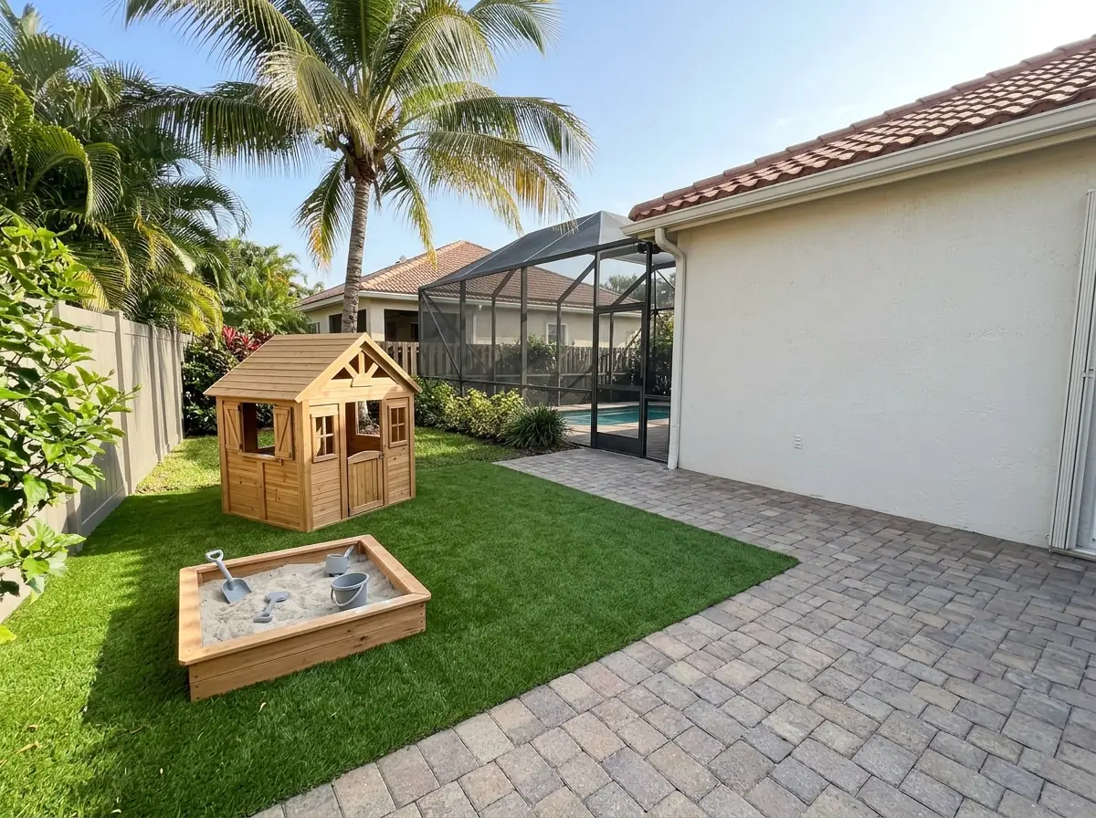 Small backyard play corner of artificial grass beside a paver patio with a wooden playhouse and a sandbox, a coconut palm and screened pool cage in the background