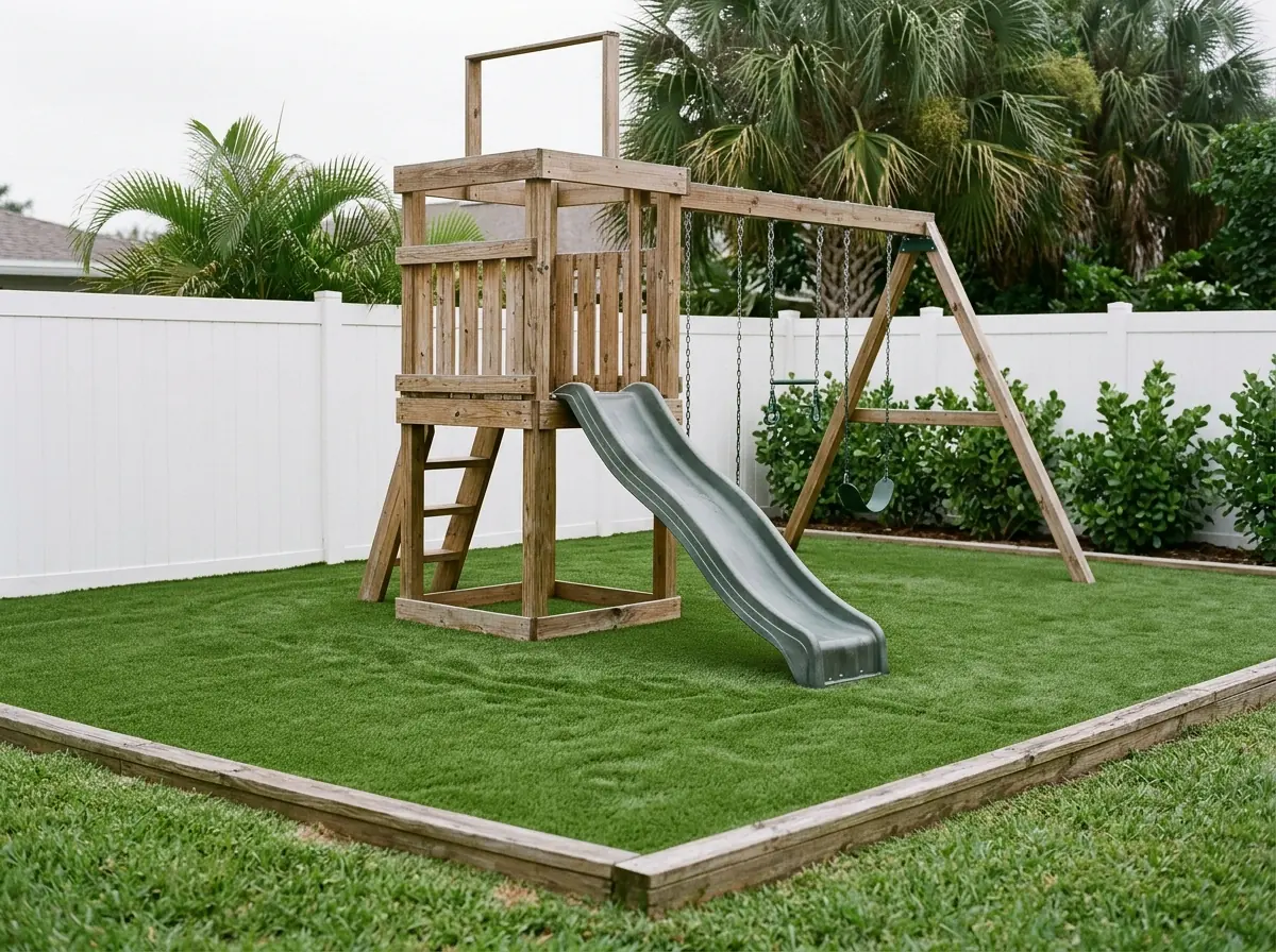 Backyard play area of soft artificial grass over foam padding under a cedar swing set with a slide, edged with a low wood border