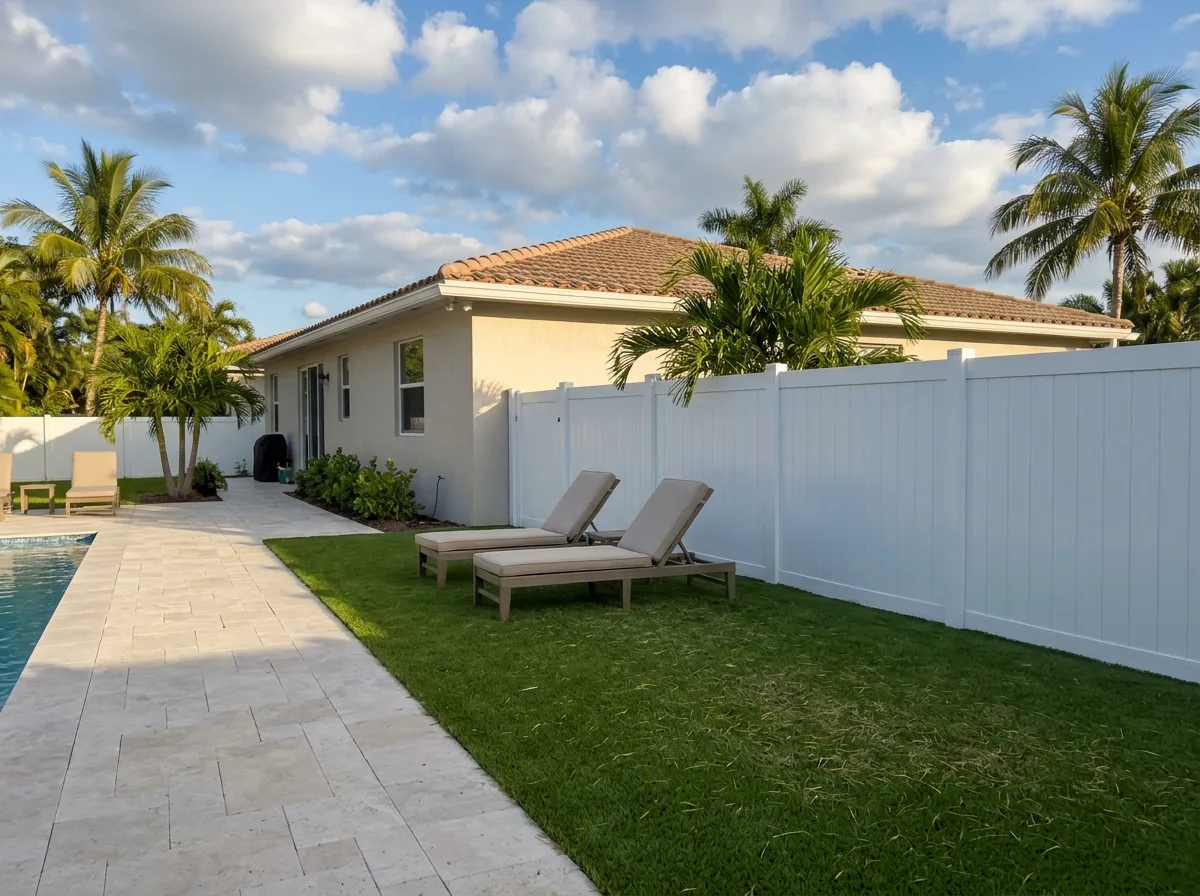 Band of artificial grass running between a travertine pool deck and a white vinyl fence, two lounge chairs on the turf and a single-story stucco home behind