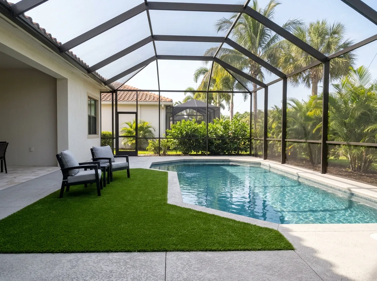Screened pool enclosure with artificial grass laid over part of the concrete deck beside a pool, two chairs and a small table on the turf, palms outside the screen