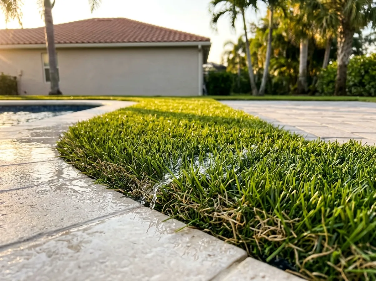 Close view of artificial grass beside a pool edge after a splash, water draining through the turf, a pale paver coping in the foreground
