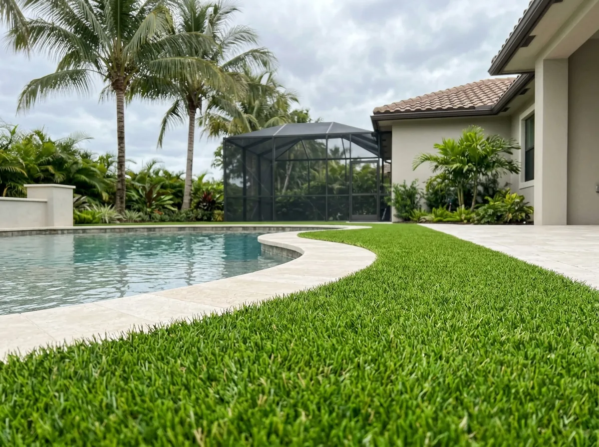 Artificial grass trimmed tight against cream travertine pool coping in a gentle curve, a screened pool cage and coconut palm in soft focus