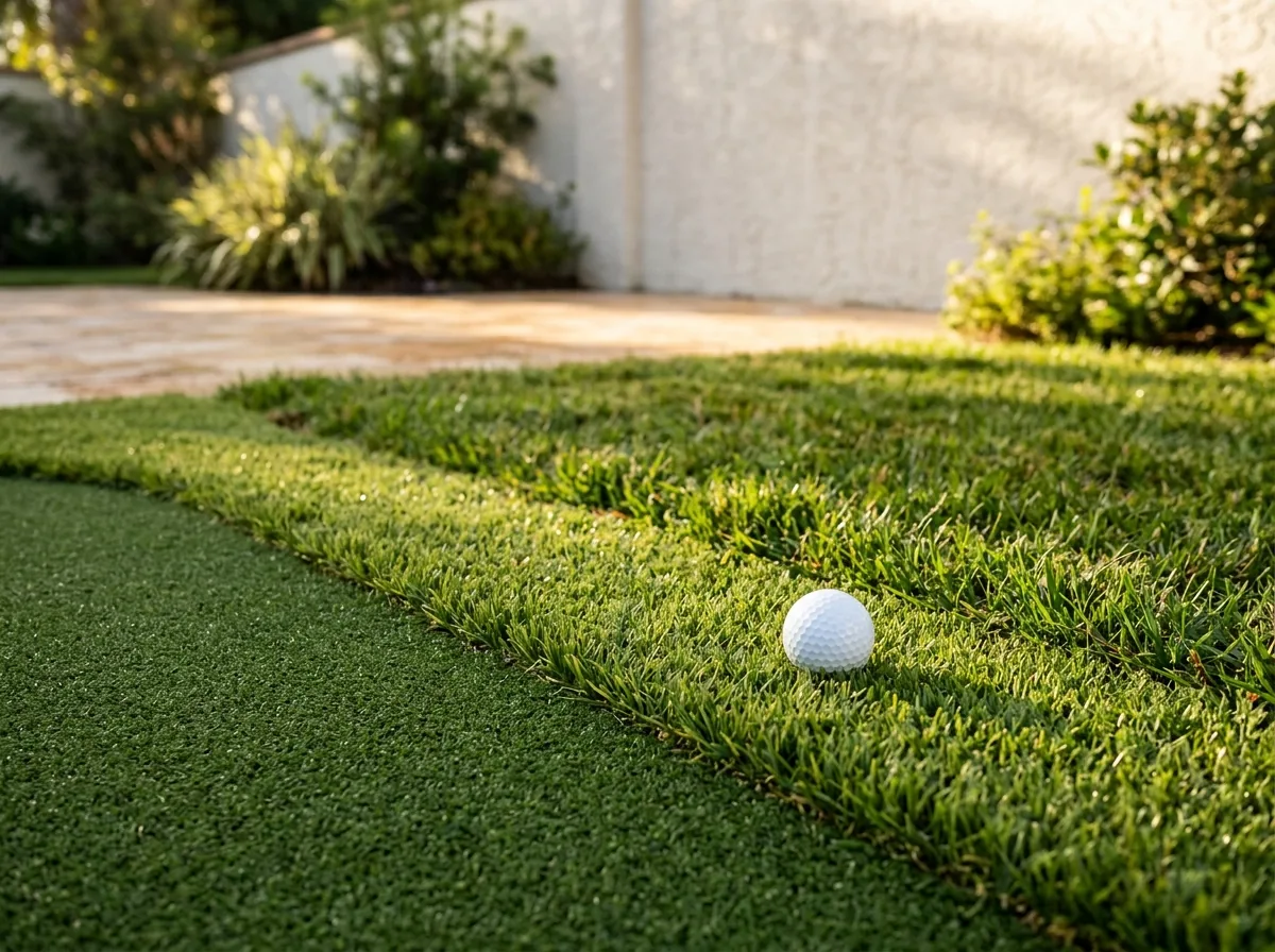 Putting green with a band of taller fringe turf around its edge, a golf ball resting on the fringe beside a short chipping area