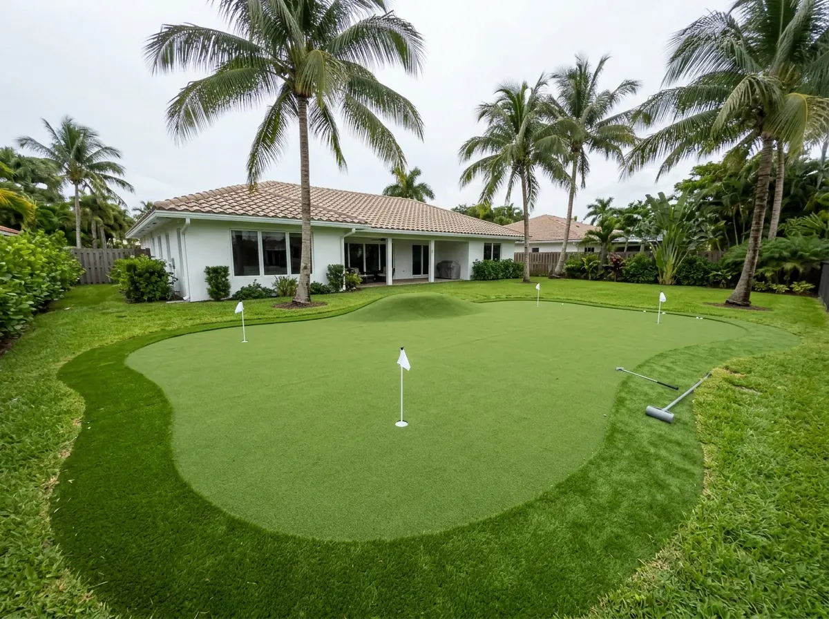 Gently sloped backyard putting green with four cups at different levels and a low mound near the back edge, coconut palms behind