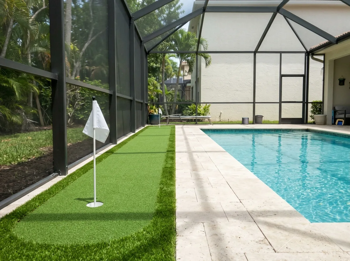 Narrow putting green running along a travertine pool deck inside a screened pool enclosure, one cup with a white flag