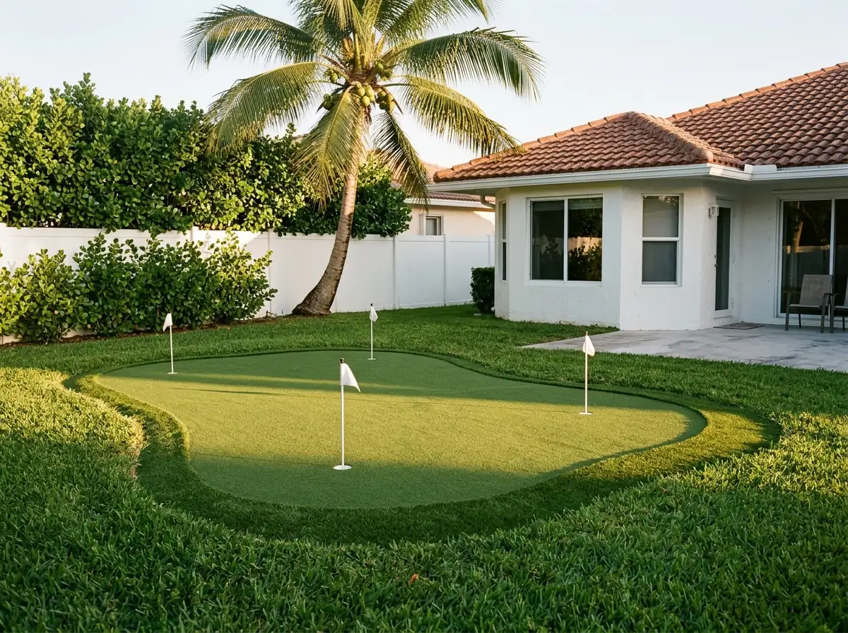 Small backyard putting green of short dense synthetic turf with three cups and white flagsticks, behind a white stucco house with a barrel-tile roof