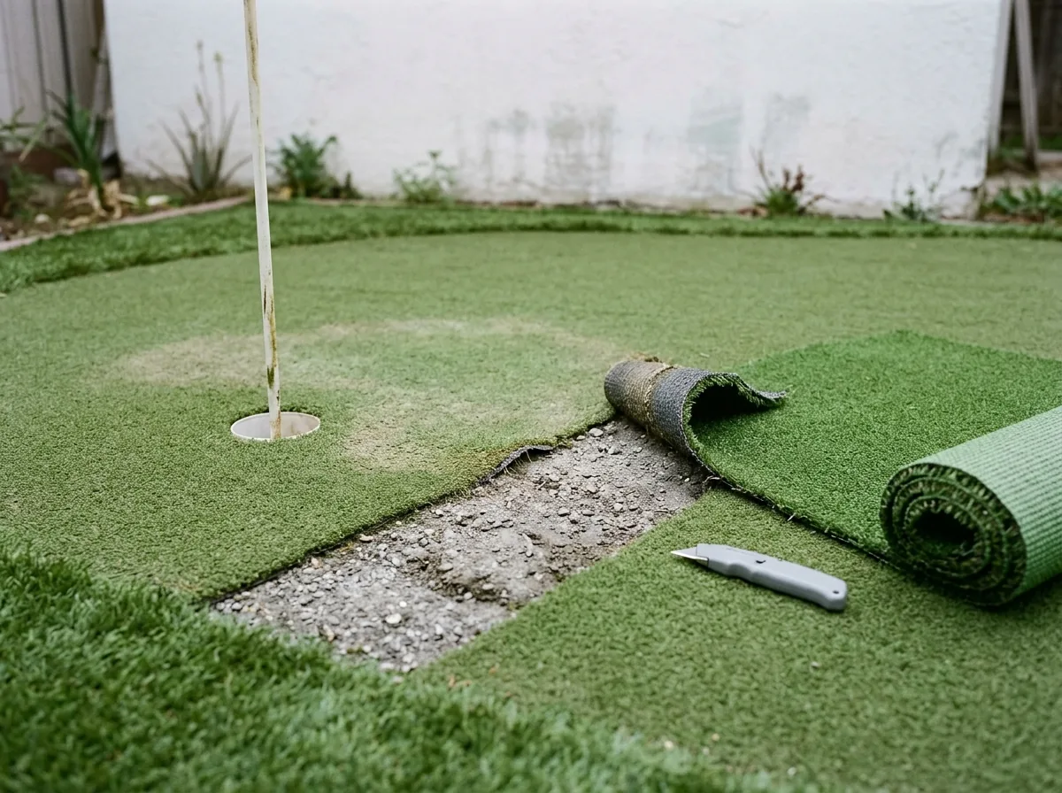 Worn putting green with a faded, flattened patch near the cup and a section of turf rolled back to show the gravel base
