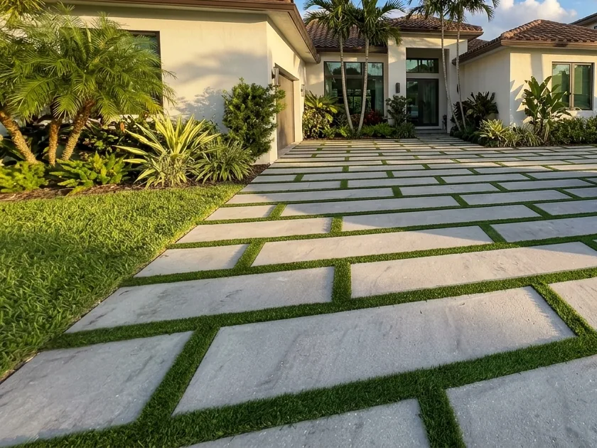 Front driveway of long rectangular concrete pavers with narrow artificial grass strips between them, a white car parked to the side and a stucco home behind