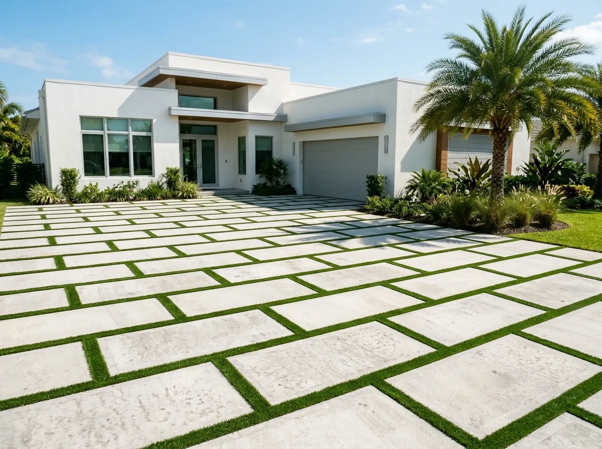 Driveway of large light gray concrete pavers with narrow strips of artificial grass in every joint, a white modern house behind