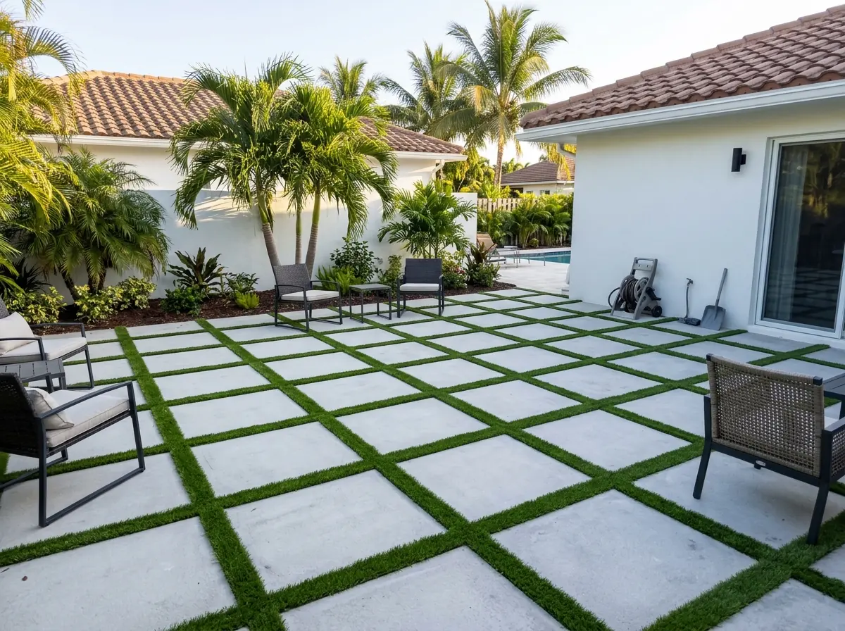 Backyard patio of large square light gray concrete pavers set in a grid with strips of artificial grass in every joint, outdoor chairs and a white stucco wall