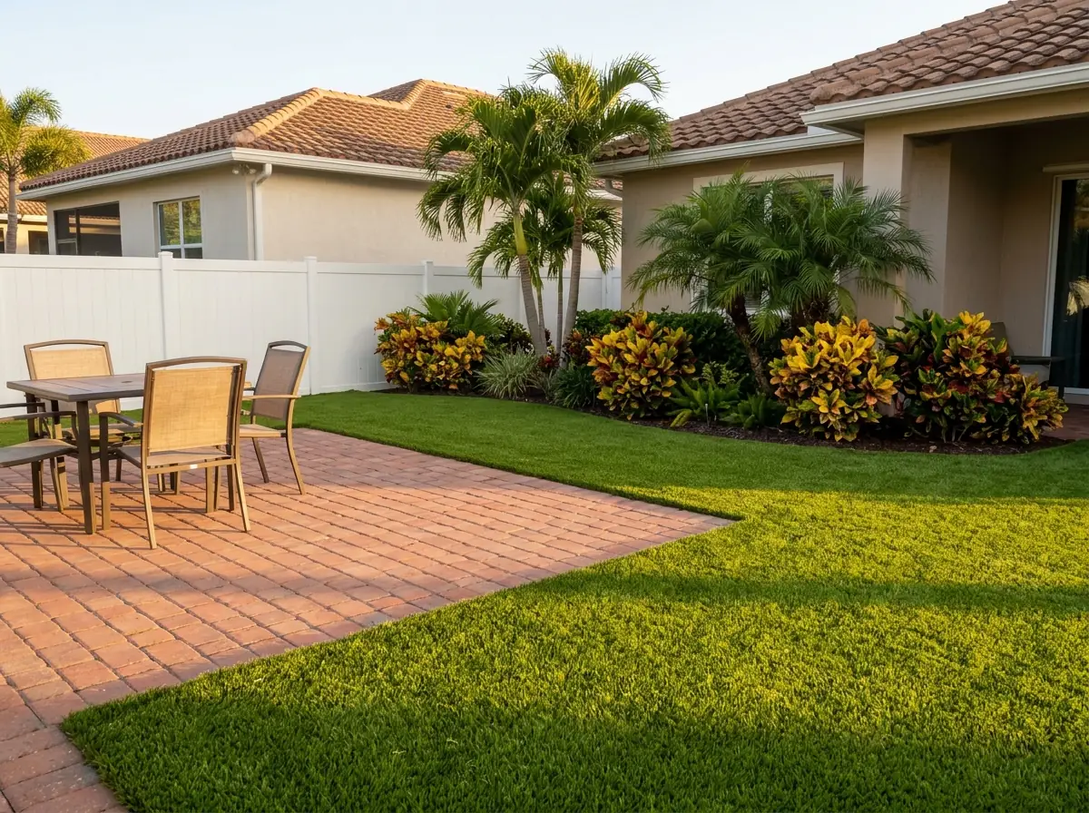 Brick-red paver patio with a dining table, framed by a wide border of artificial grass and a planted bed of crotons, palms behind a white vinyl fence
