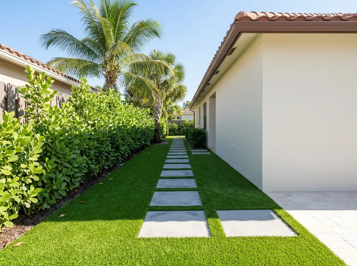Side-yard walkway of square concrete stepping stones set into artificial grass beside a stucco wall, a row of clusia shrubs along the fence