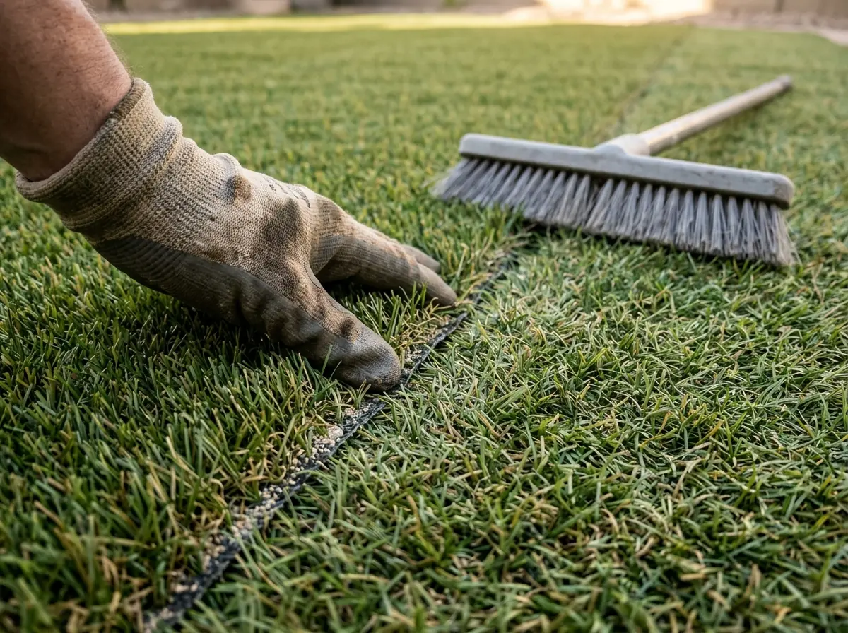 Gloved hand pressing down a turf seam along a backyard lawn, a plain gray stiff broom lying on the grass nearby