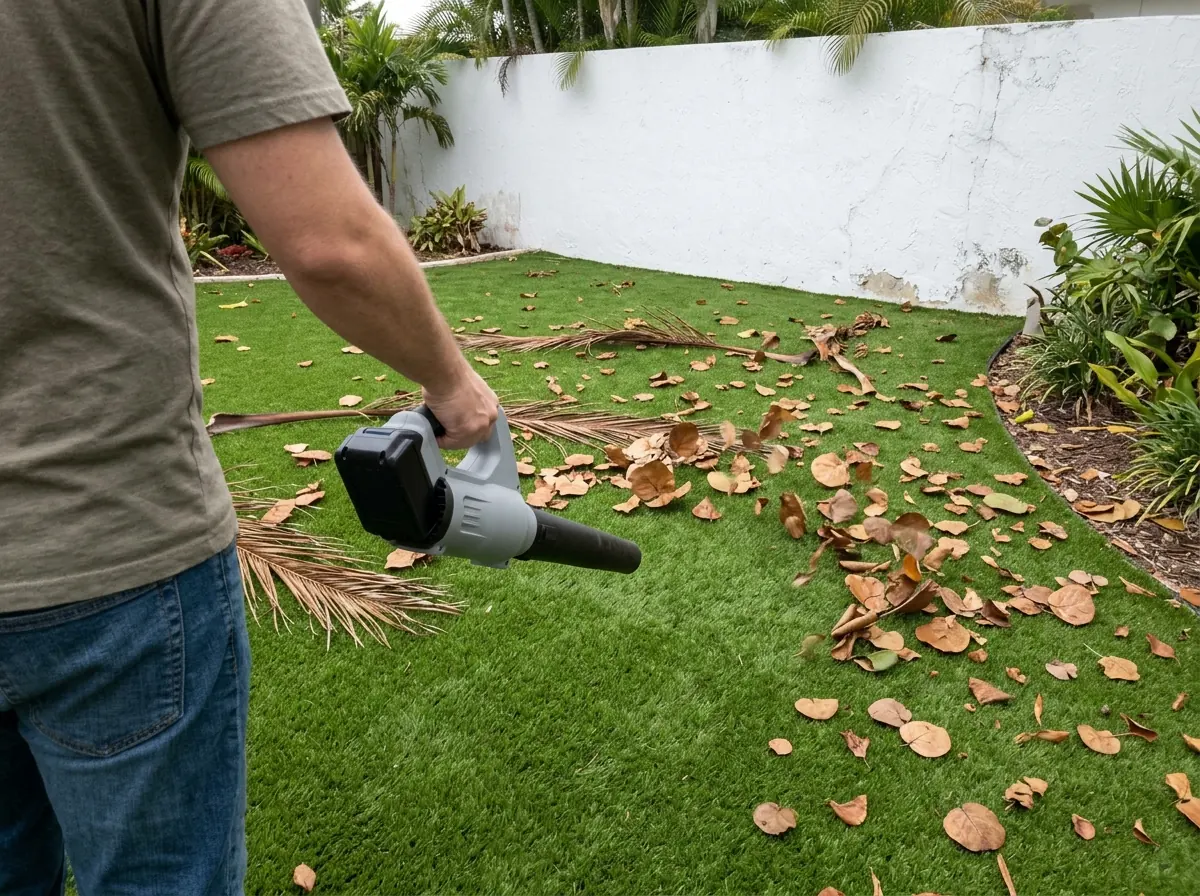 Leaf blower with a plain gray body clearing fallen palm fronds and sea grape leaves off a backyard of artificial grass, a stucco wall behind