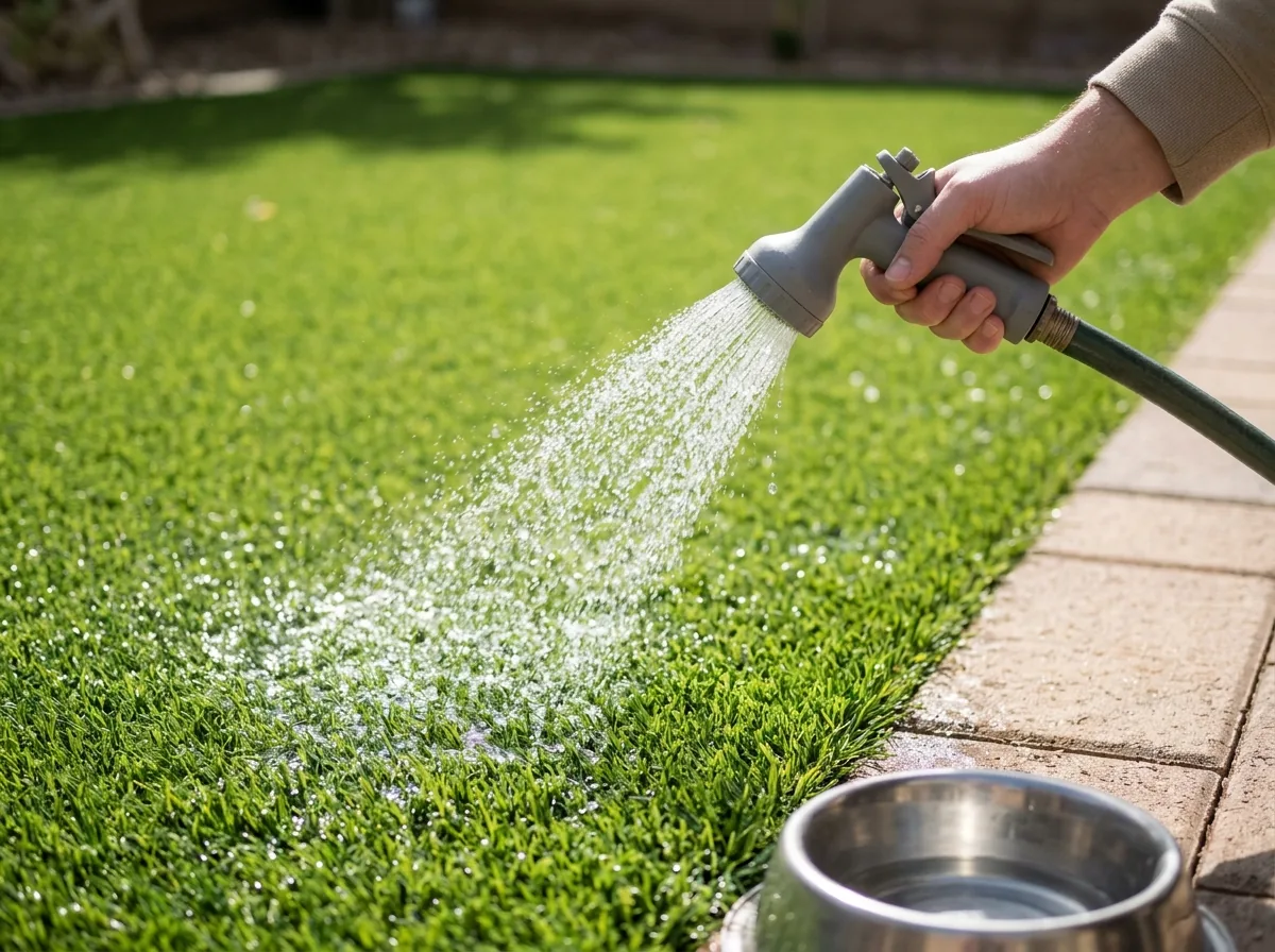 Hose with a spray nozzle rinsing a patch of pet turf beside a paver path, water beading on the blades, a dog bowl at the edge of the frame