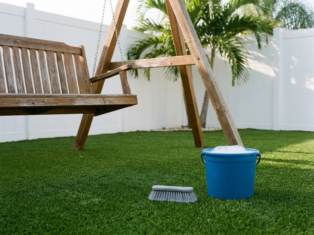 Section of clean artificial grass under a wooden backyard swing set, a soft brush and a bucket of soapy water beside it