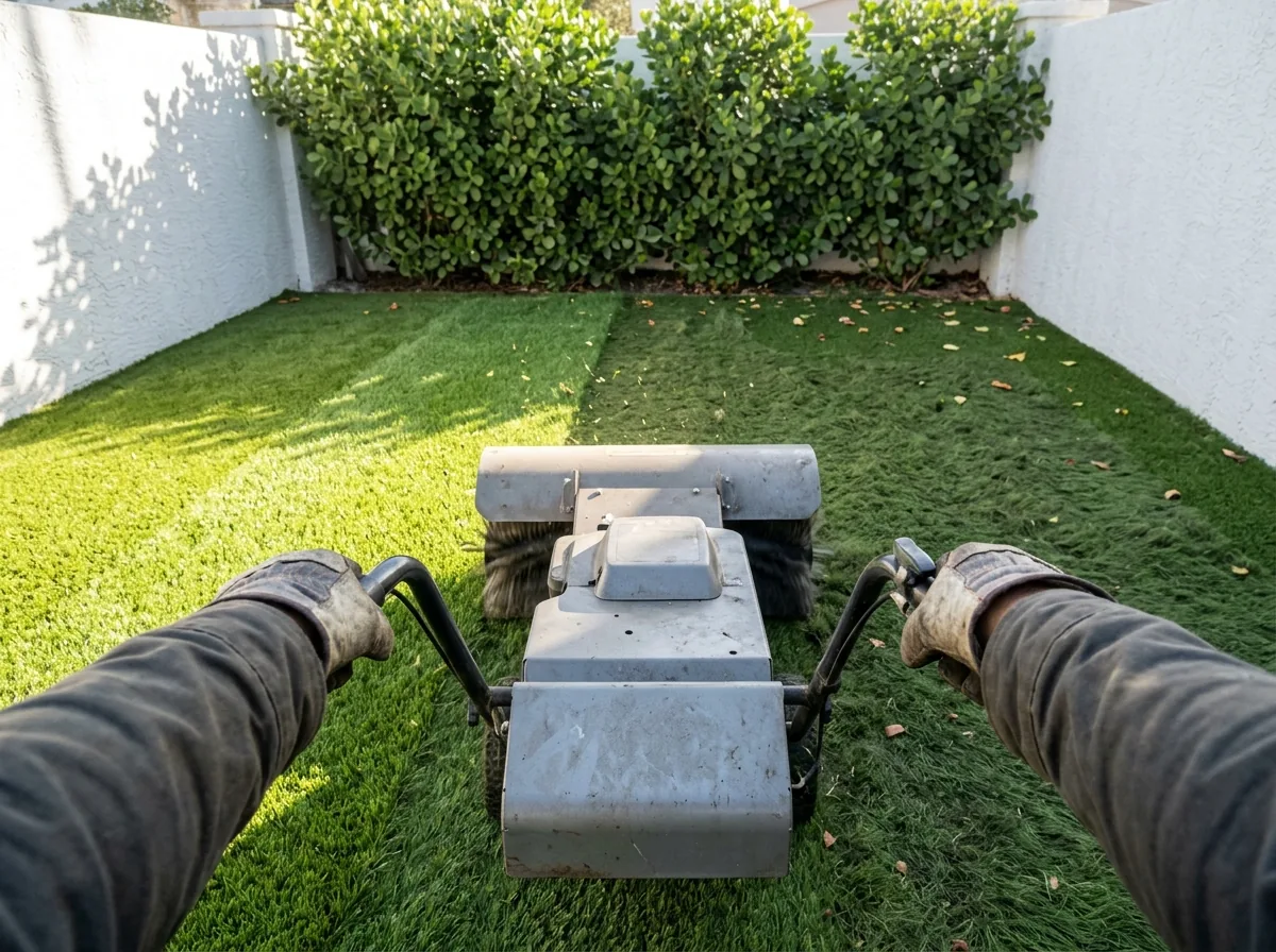 Power broom with plain gray housing brushing a section of matted artificial grass, the brushed strip standing upright beside the flattened turf