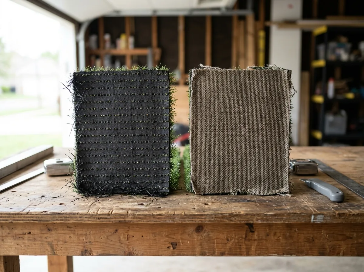 Two pieces of artificial grass flipped over side by side on a workbench, one backing with rows of drainage holes, the other a uniform porous backing