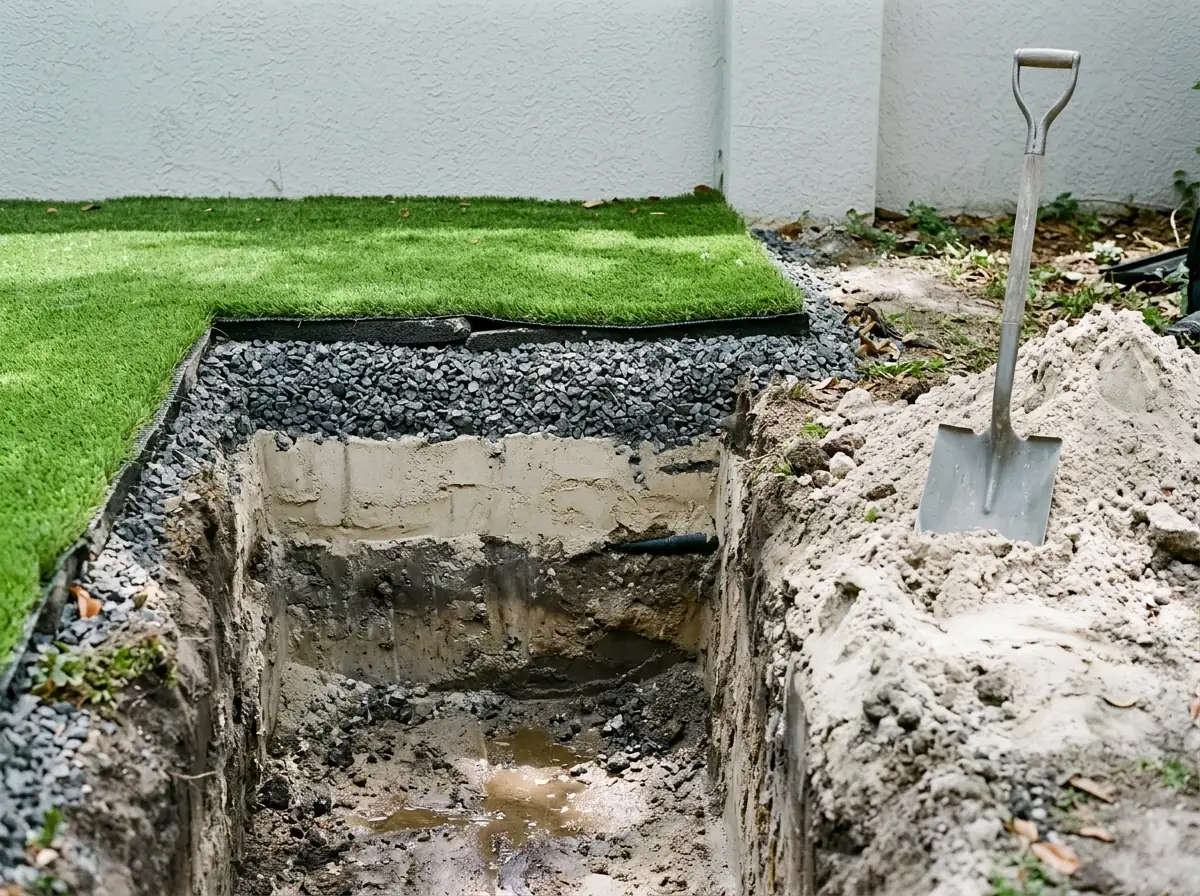 Cross-section of a trench in a backyard showing artificial grass over a layer of gray crushed stone over pale sand, water glinting at the bottom of the dig