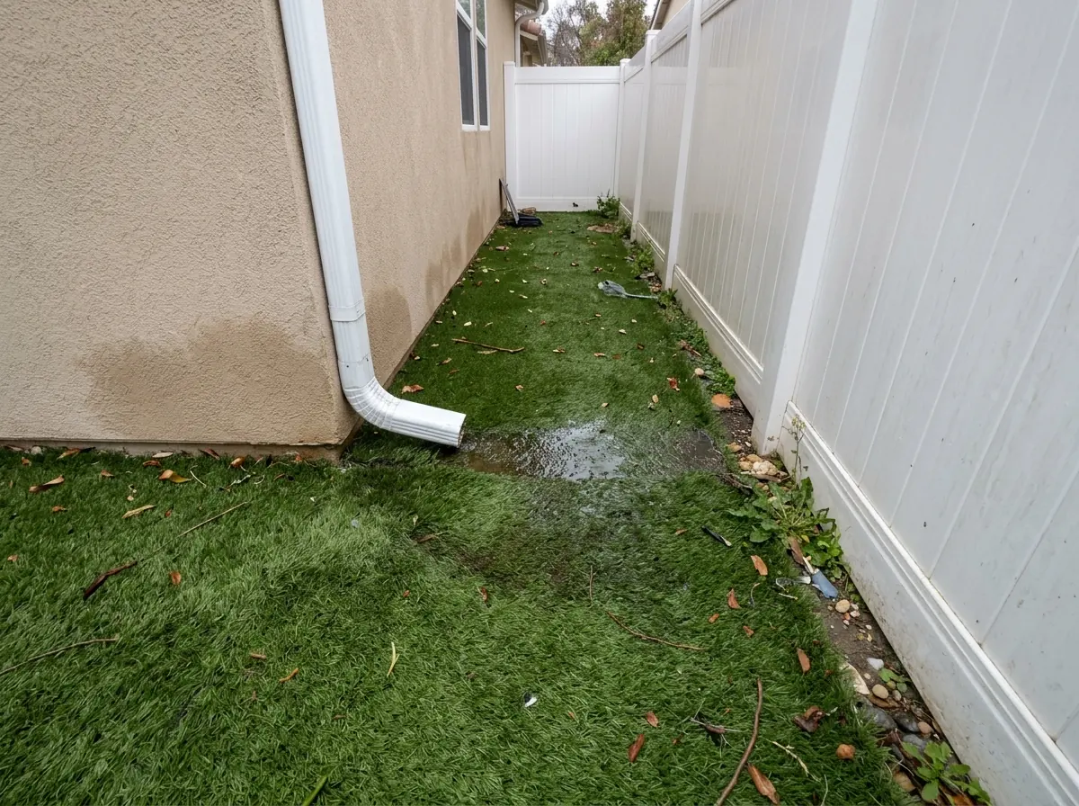 Roof downspout emptying onto the edge of an artificial grass side yard between a stucco wall and a fence, a dark wet patch spreading on the turf
