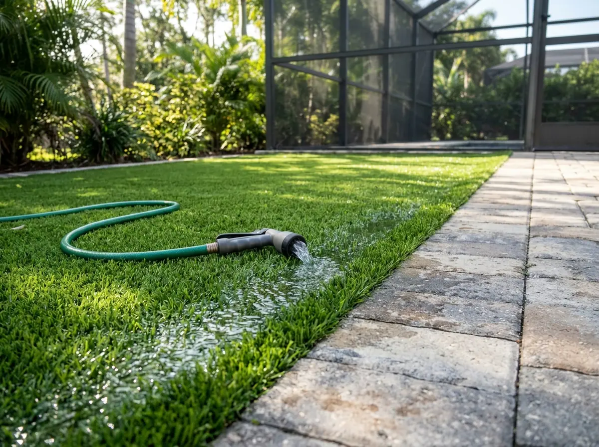 Small dog relief corner of artificial grass beside a paver patio, a garden hose rinsing the turf, water draining away through the blades