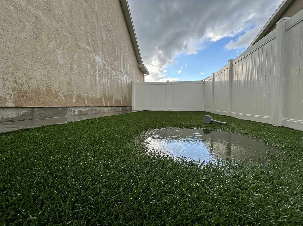 Shallow puddle sitting on an artificial grass lawn after an afternoon storm, wet stucco wall and gray clouds clearing behind a white fence