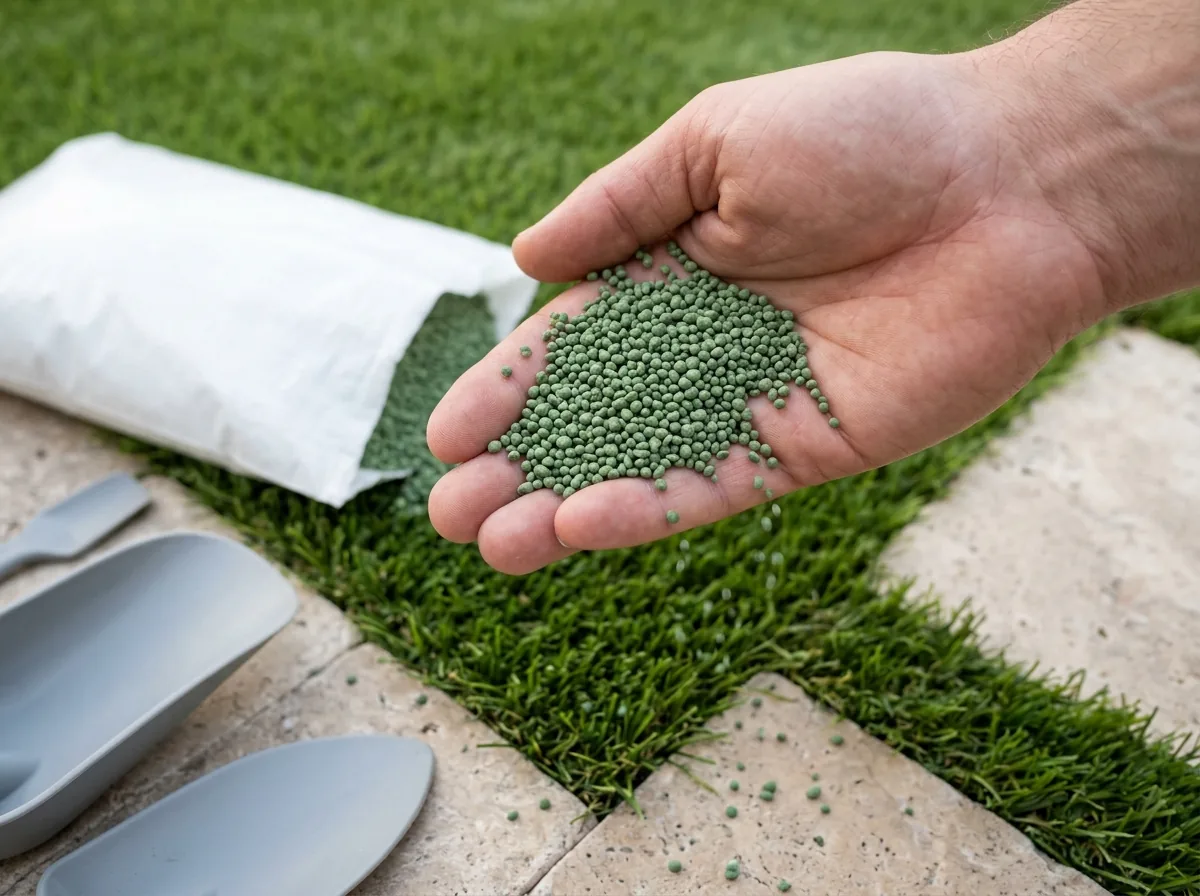 Handful of green-coated rounded sand grains held over an artificial grass lawn, a bag of plain unbranded infill on the paver edge