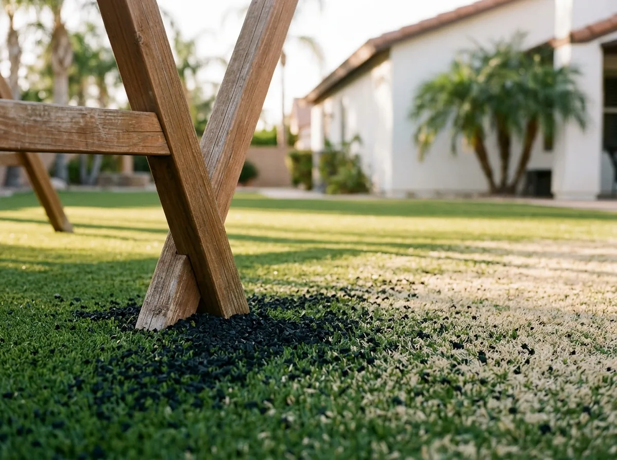 Black crumb rubber infill around the legs of a backyard swing set on artificial grass, the rest of the lawn behind it showing pale sand infill