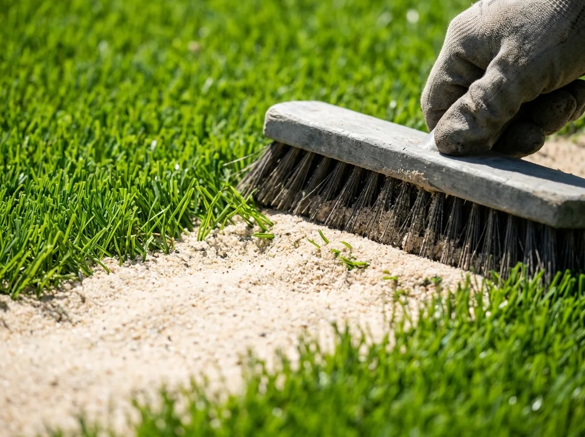 Close-up of pale tan silica sand settled between green artificial grass blades, a gloved hand brushing it in with a stiff push broom