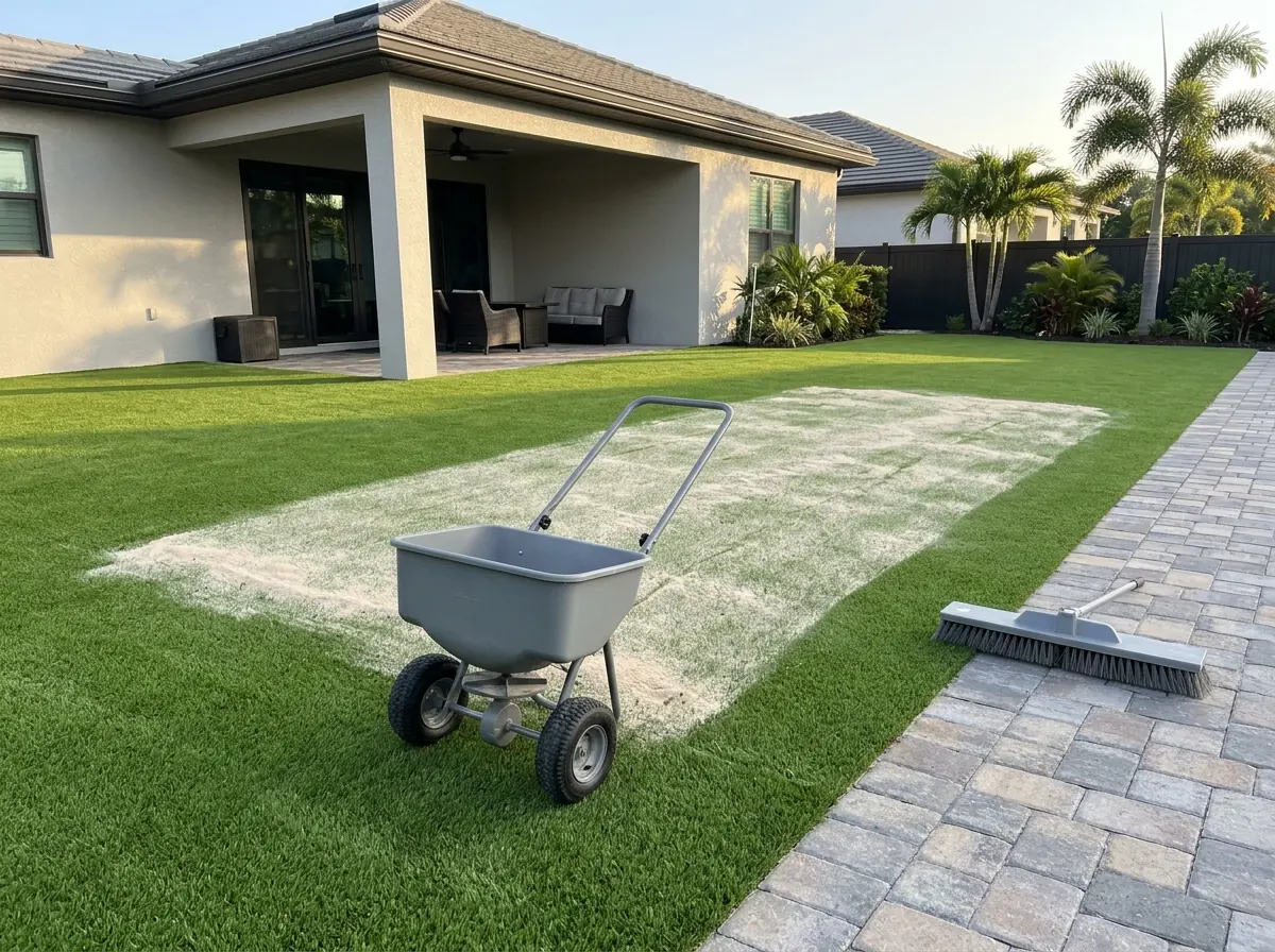 Drop spreader rolling across an artificial grass lawn spreading a thin layer of sand infill, a power broom waiting at the edge of the patio
