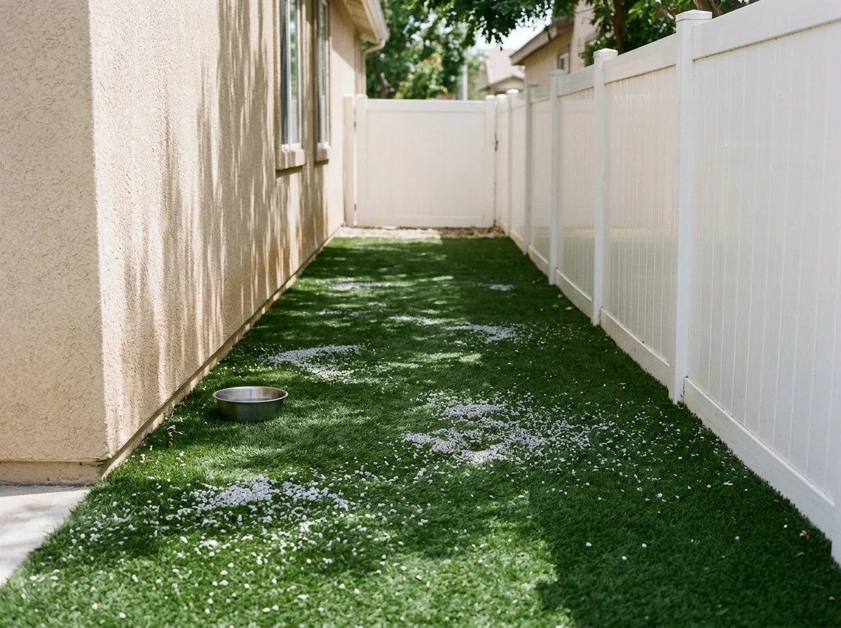 Light gray zeolite granules scattered over artificial grass in a fenced side-yard dog run, a steel water bowl beside a stucco wall