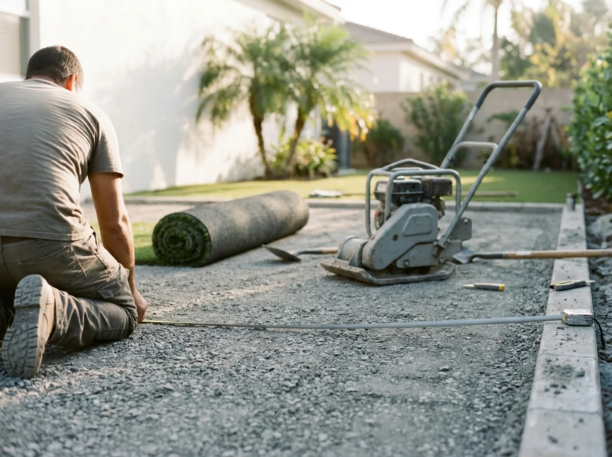 Turf installer kneeling on a compacted crushed-stone base, pulling a tape measure along the edge, a roll of artificial grass nearby