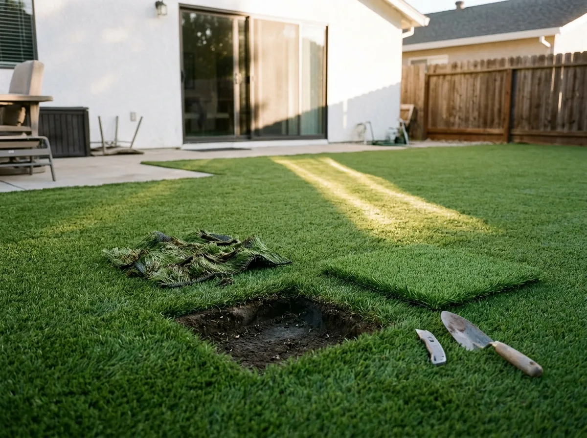 Square cut-out of melted artificial grass next to a matching replacement piece, a sliding glass door reflecting sunlight onto the lawn behind